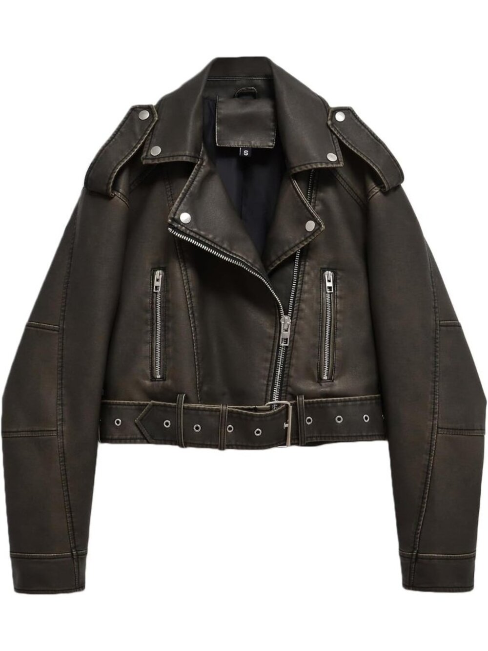 Women's Green Faux Leather Cropped Distressed Zipper Belted Moto Bomber Jacket